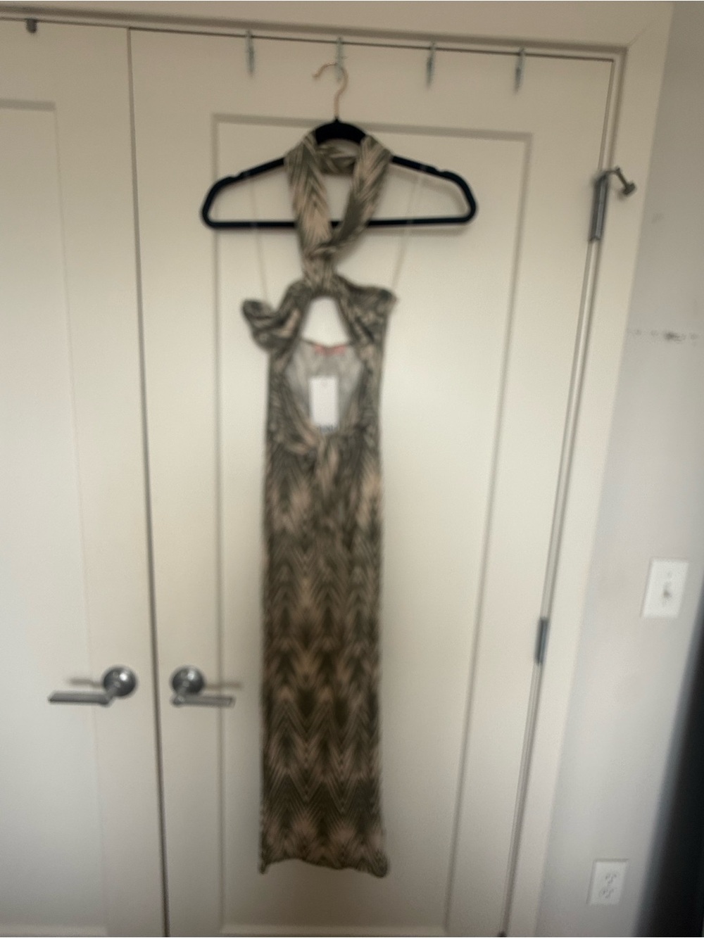 Sleeveless Halter Midi Dress in Olive & Beige Print